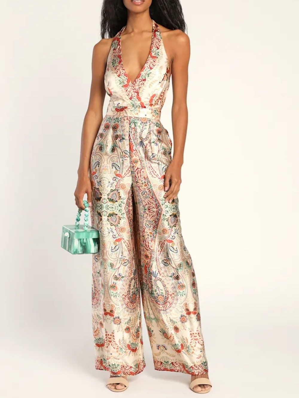 Divine Wanderings Cream Scarf Print Satin Wide Leg Jumpsuit
